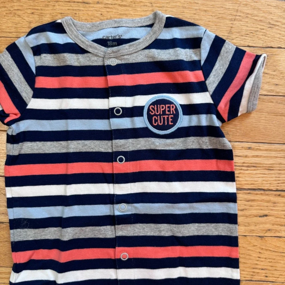 Carters Baby Boy 18M Striped Romper Super Cute Dog Applique Snap Front Cotton